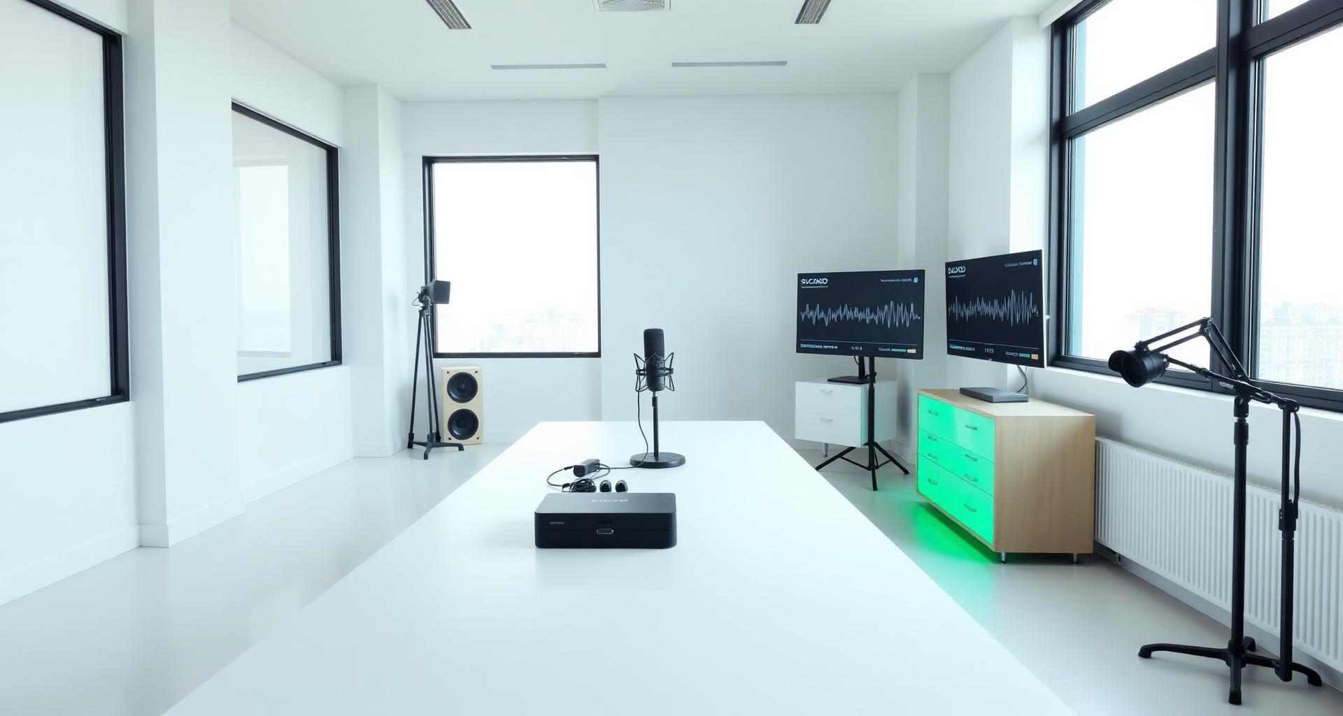 Studio radiofonico luminoso con microfono e schermi con waveform